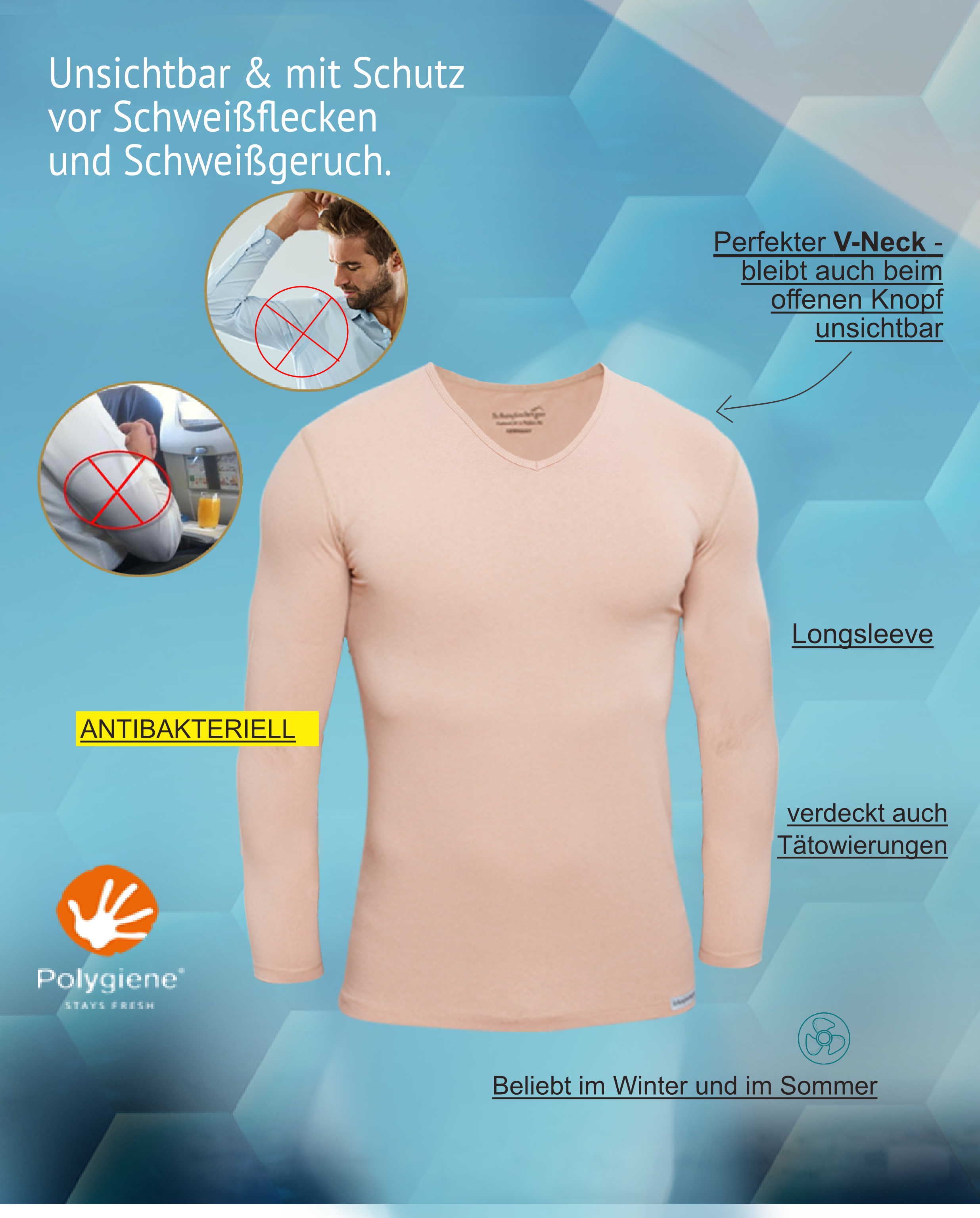 Anti-Schweiß Unterhemd Herren unsichtbar antibakteriell V-Ausschnitt