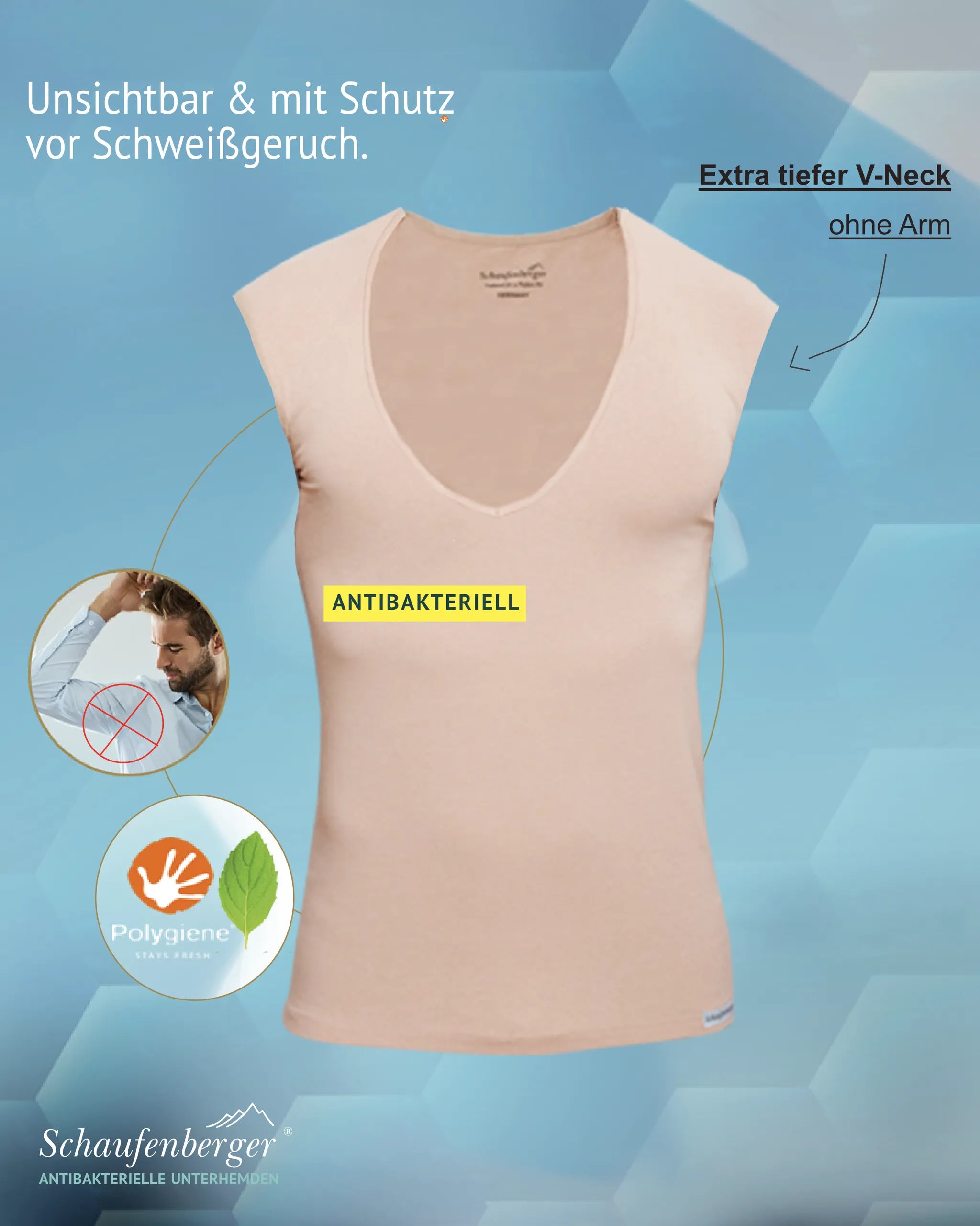 Anti-Schweiß Trägershirt Herren Deep V-Neck Hautfarbe – Vorderansicht | Schaufenberger®