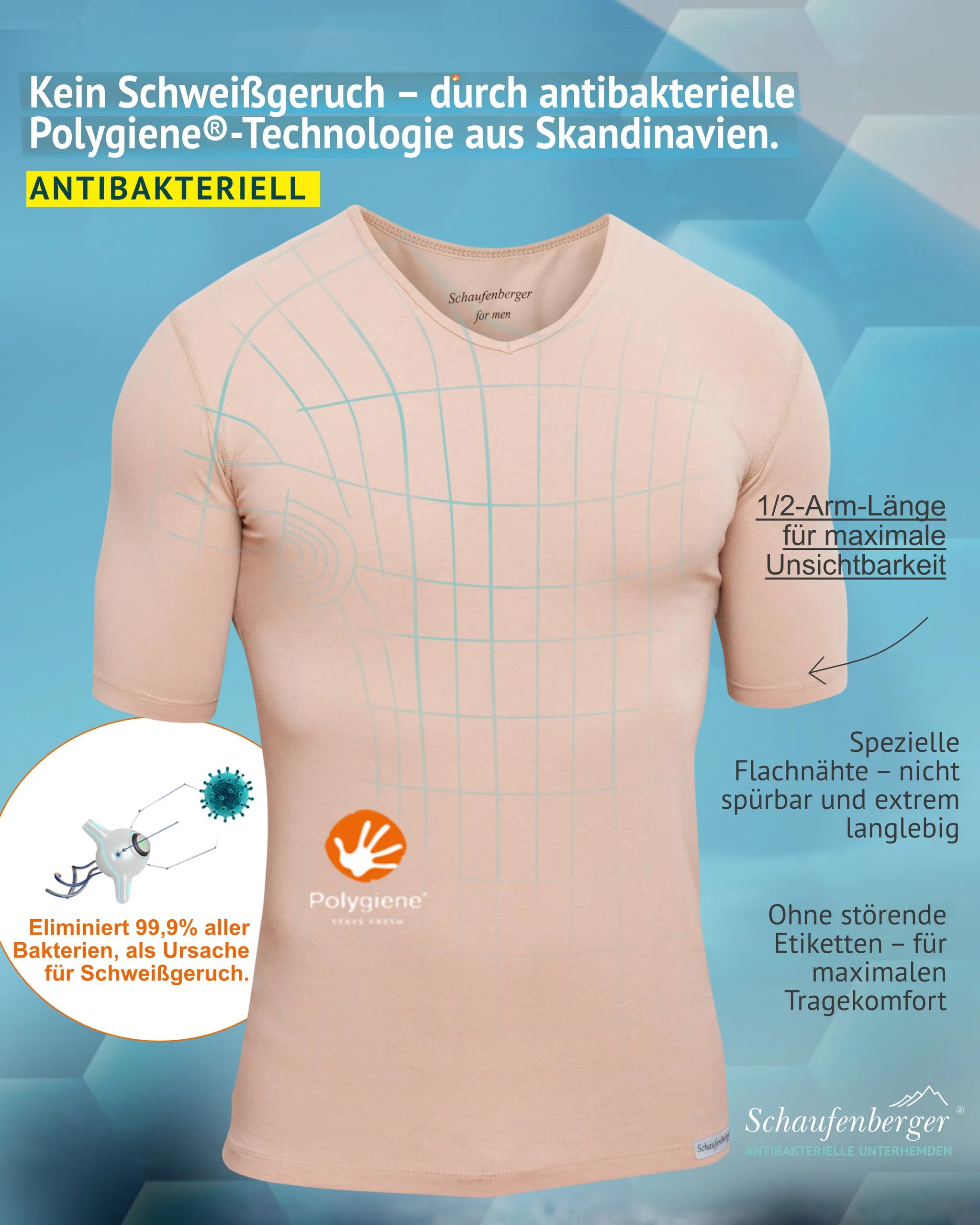 Anti-Schweiß Unterhemd Herren Halbarm Hautfarbe – Seitenansicht | Schaufenberger®